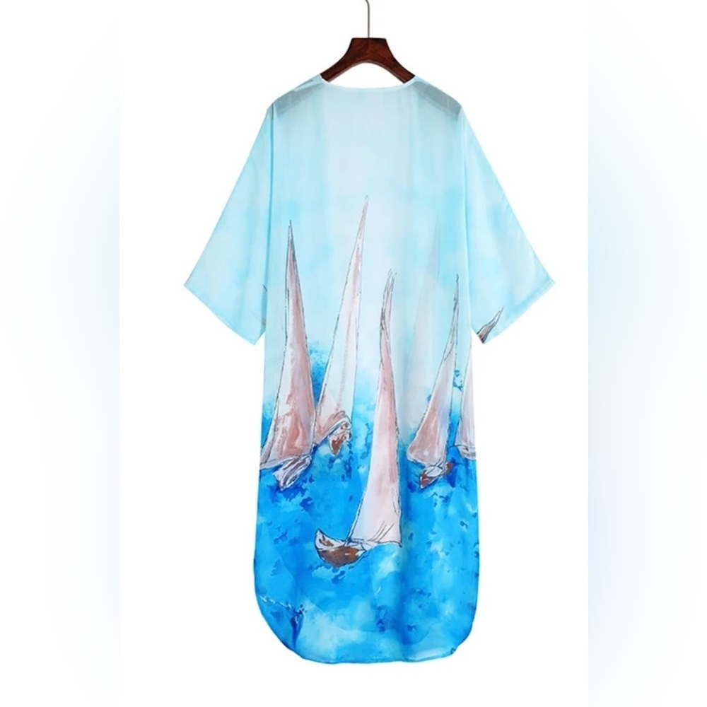 Luxury Sailboat Two-Piece Chiffon Set Kimono & Pants - Picture 5 of 8